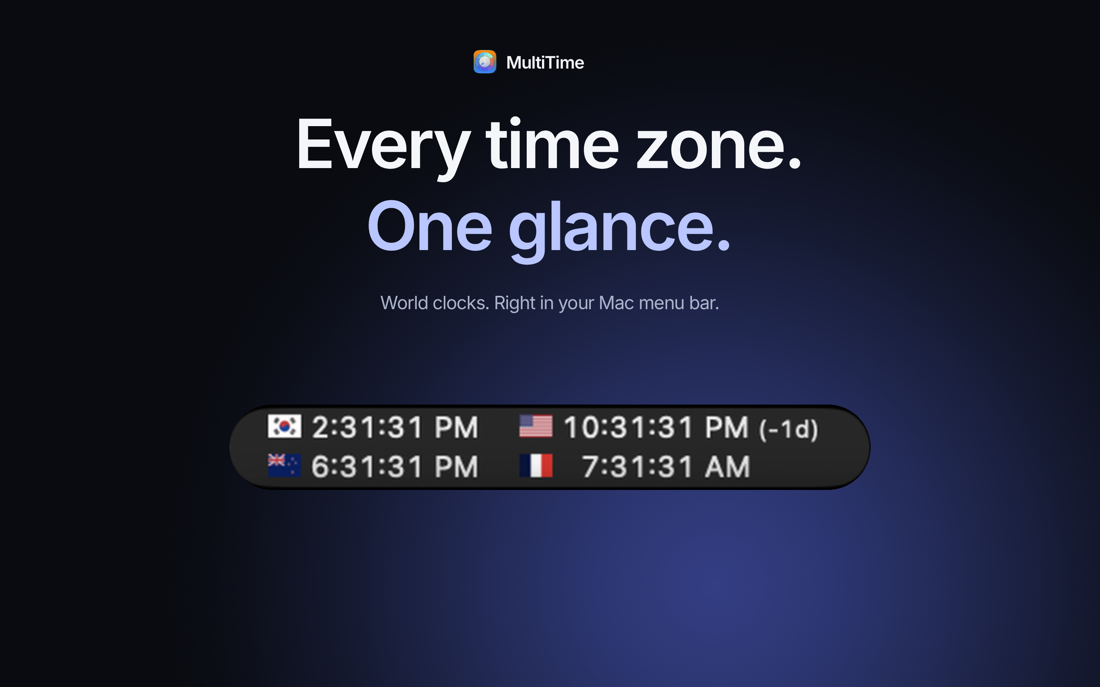 Approved MultiTime App Store artwork featuring real menu bar world clocks
