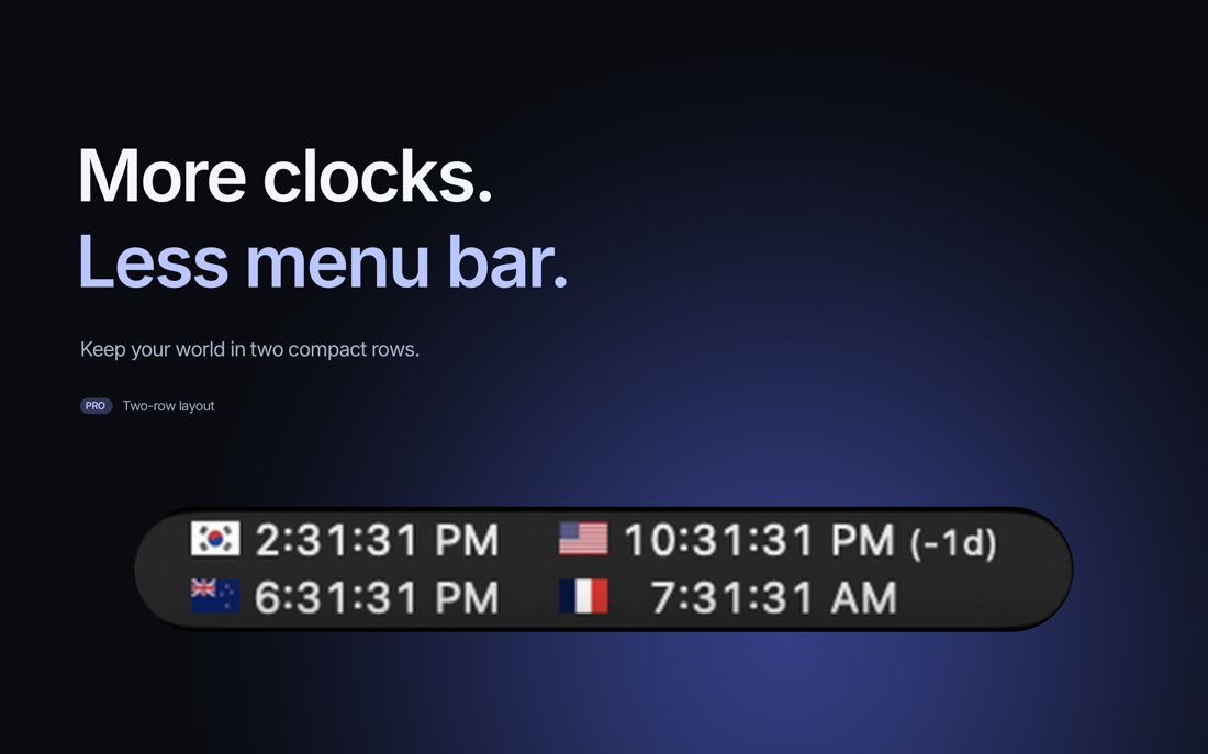 Approved MultiTime App Store artwork featuring real two-row menu bar clocks