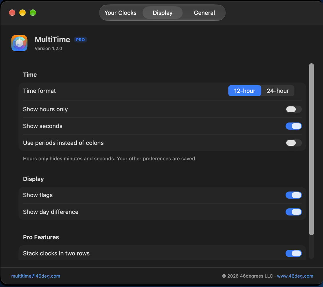 Actual Display settings with time formats, flags, seconds, day difference, and two-row stacking
