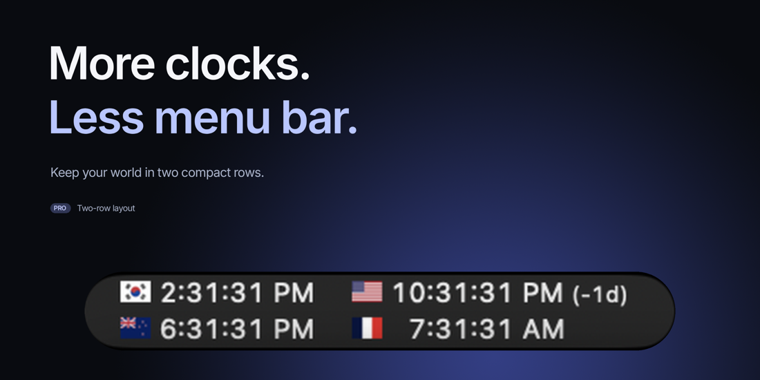 MultiTime promotional artwork: More clocks. Less menu bar. With actual app UI