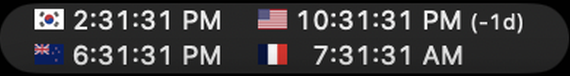 Four real MultiTime world clocks arranged in two rows in the Mac menu bar