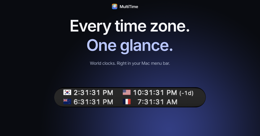 MultiTime promotional artwork with world clocks and the headline Every time zone. One glance.