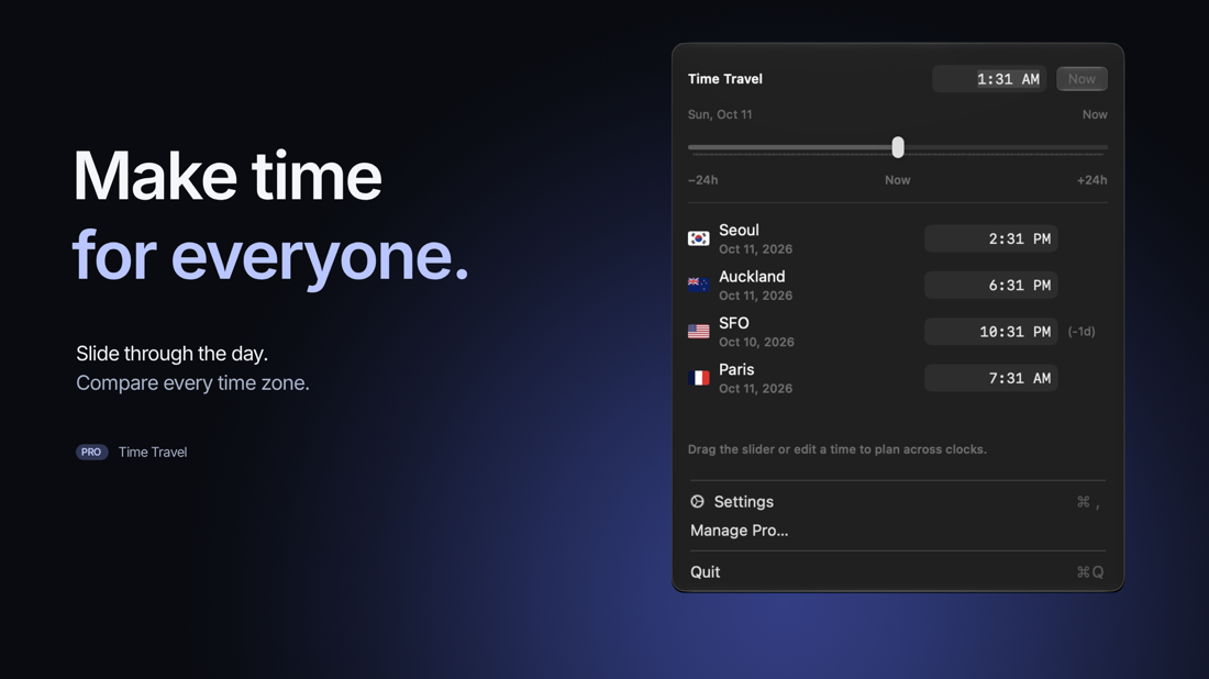 MultiTime promotional artwork: Make time for everyone. With the real Time Travel dropdown