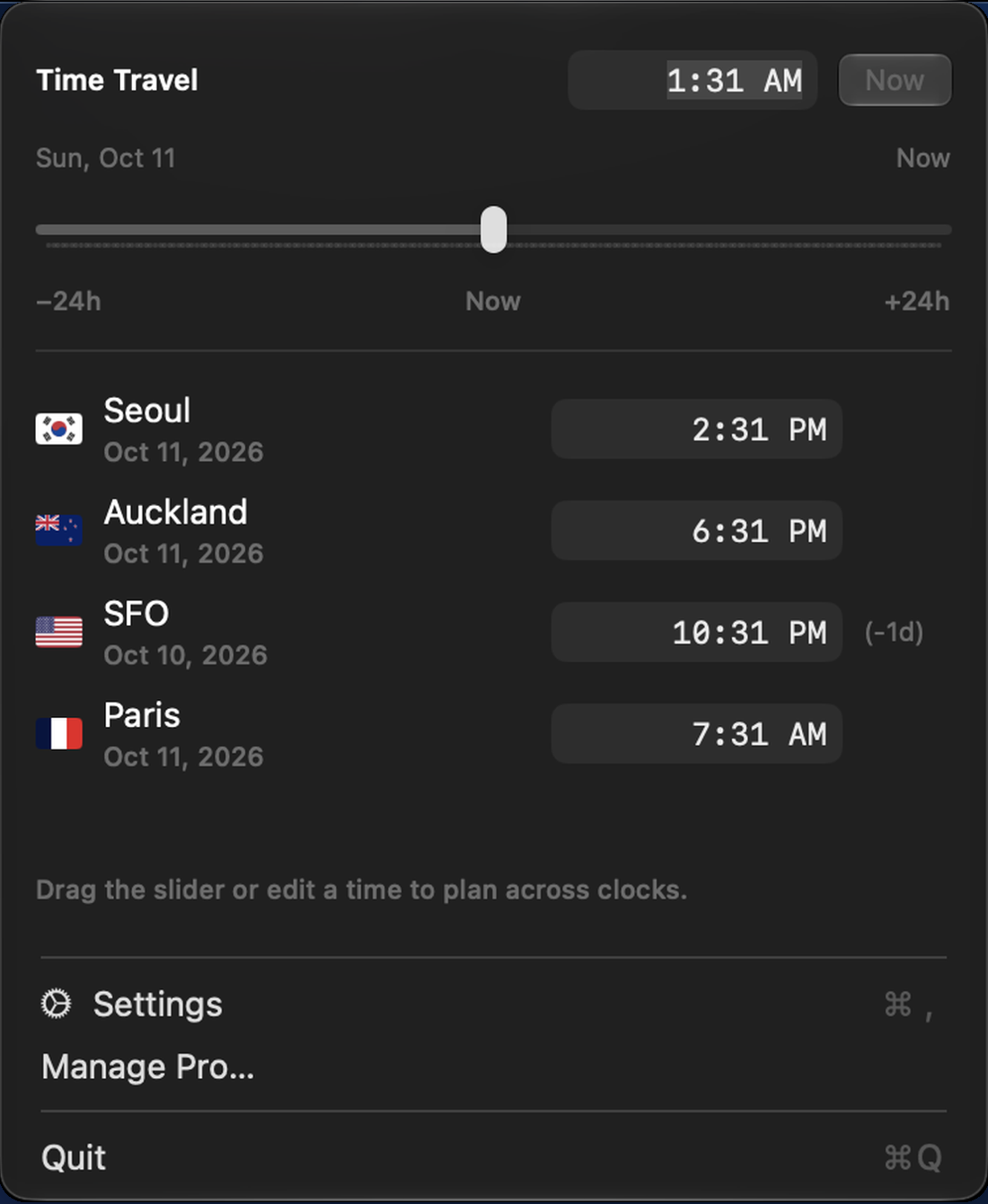 Actual Time Travel dropdown comparing Seoul, Auckland, SFO, and Paris beneath an offset slider