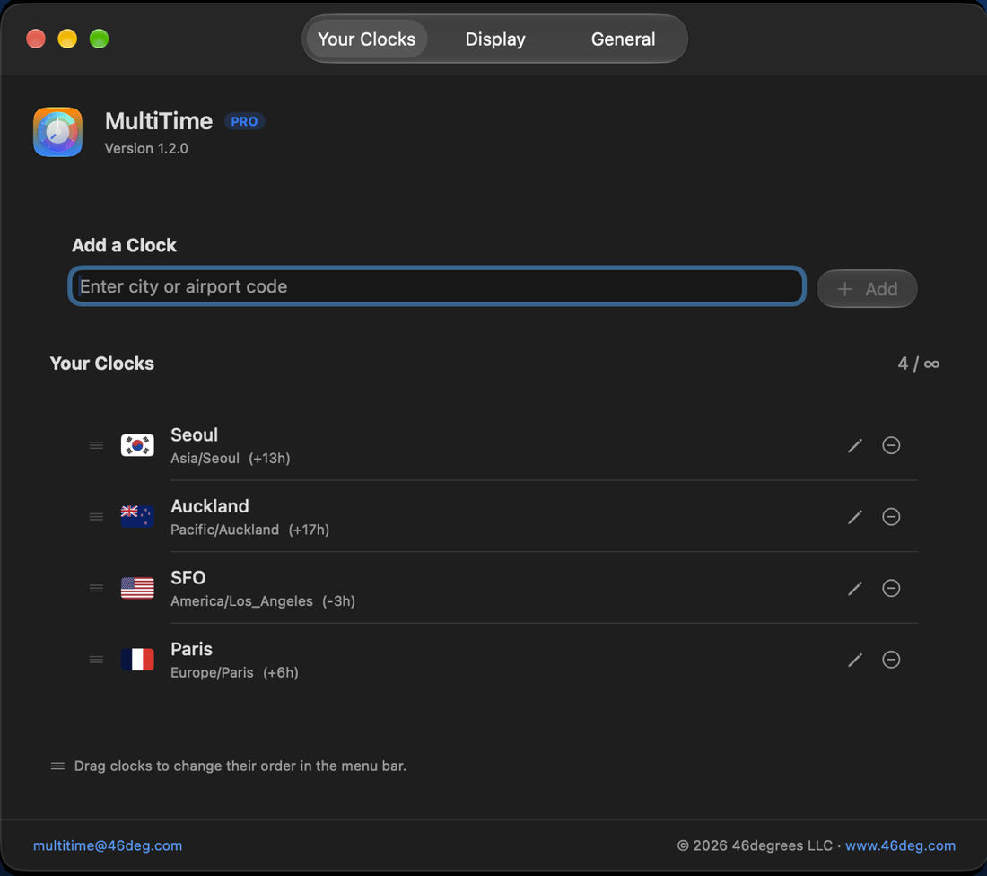 Real MultiTime Your Clocks settings with four saved locations and controls to label and reorder them