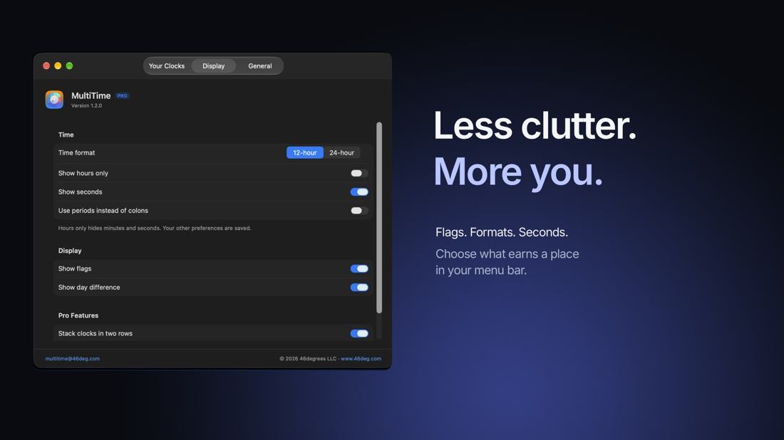 MultiTime promotional artwork: Less clutter. More you. With actual Display settings